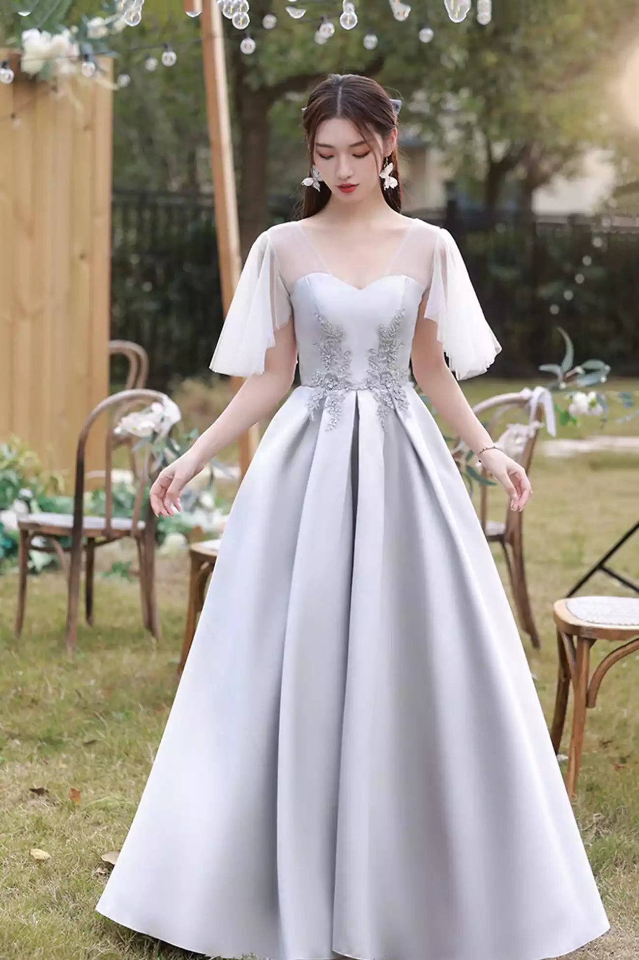 Gray Saitn Lace Long Prom Dress A-Line Evening Dress Bridesmaid Dresses