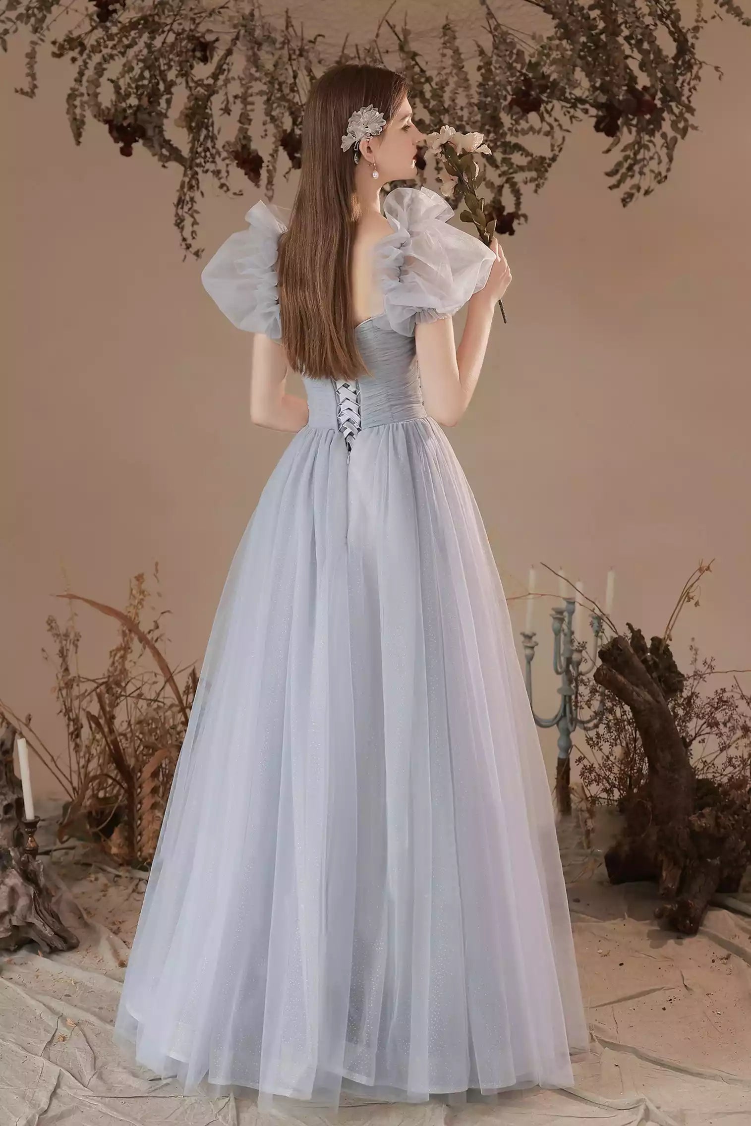 Gray Tulle Floor Length Long A-Line Prom Dresses Gray Formal Evening Dresses