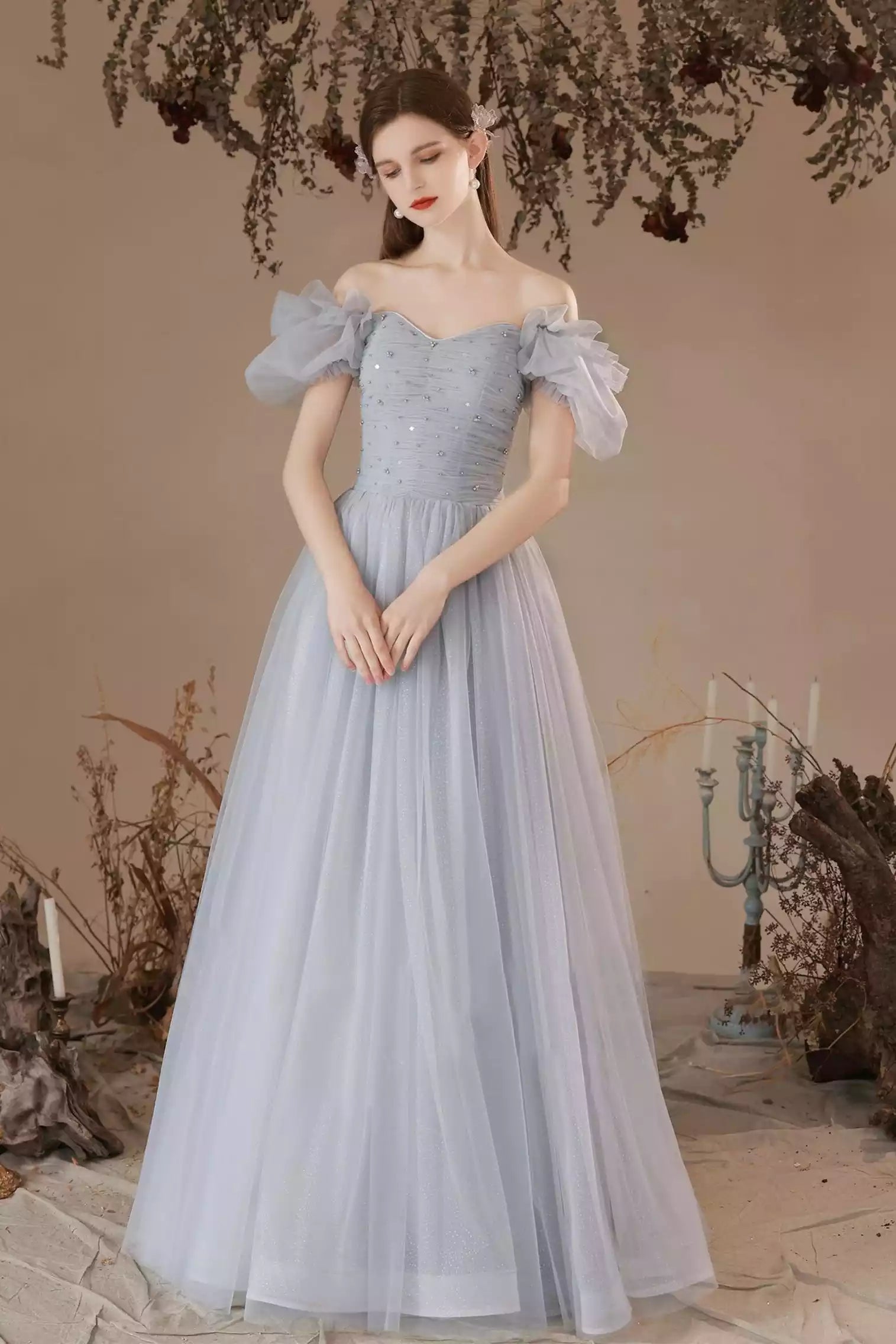 Gray Tulle Floor Length Long A-Line Prom Dresses Gray Formal Evening Dresses