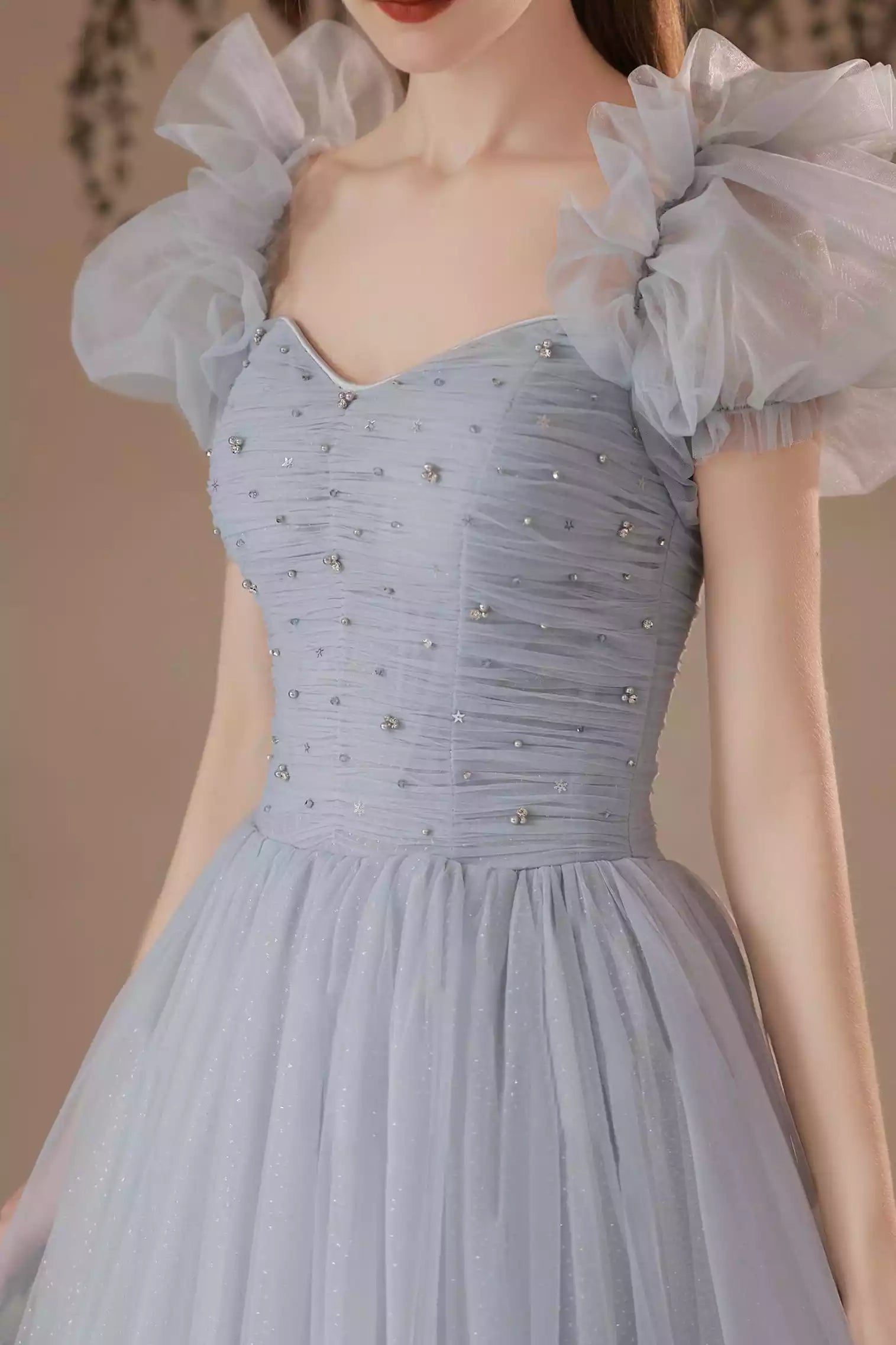 Gray Tulle Floor Length Long A-Line Prom Dresses Gray Formal Evening Dresses