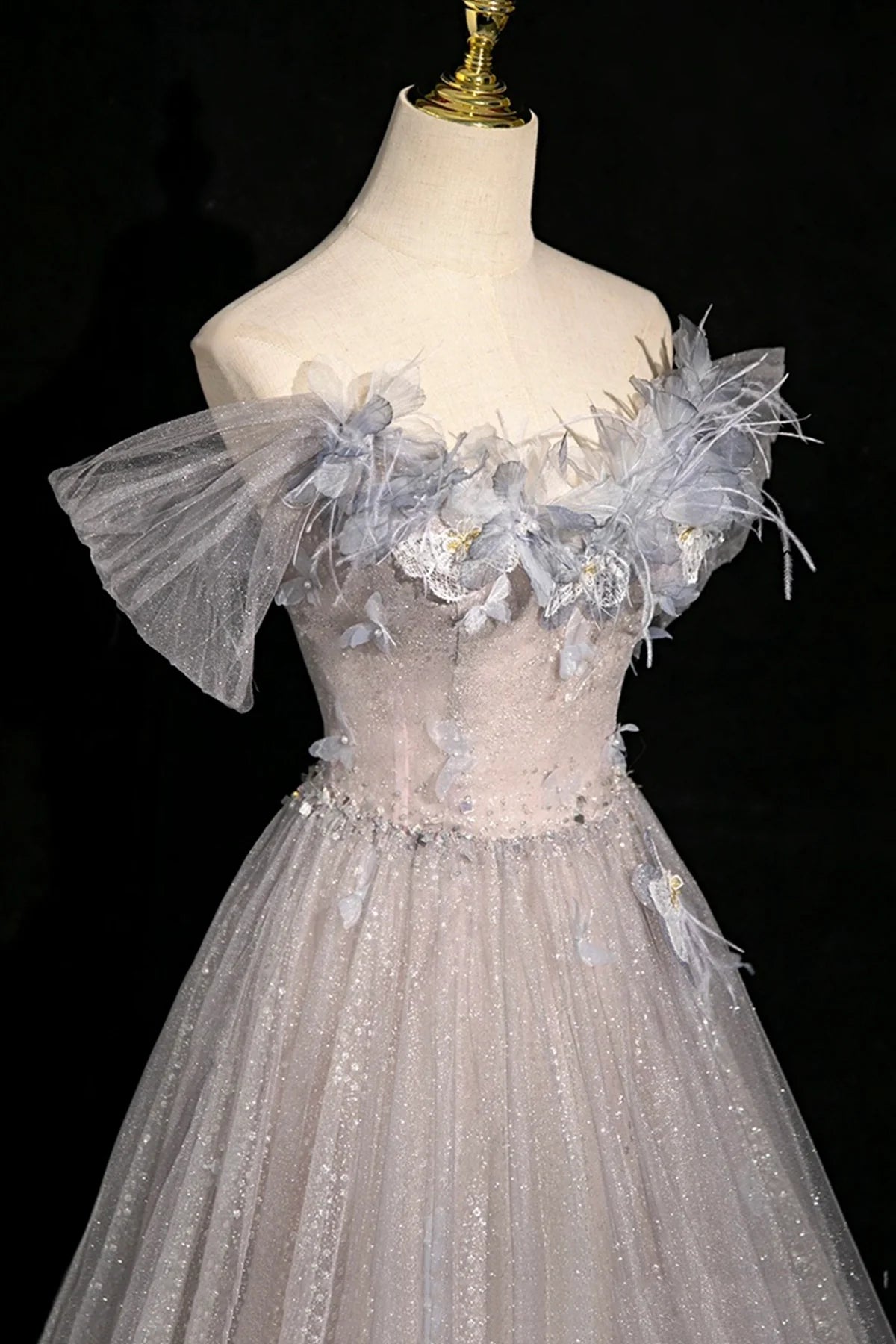 Gray Tulle Sequins Lace-up Long Prom Dress Gray Off the Shoulder Party Dress