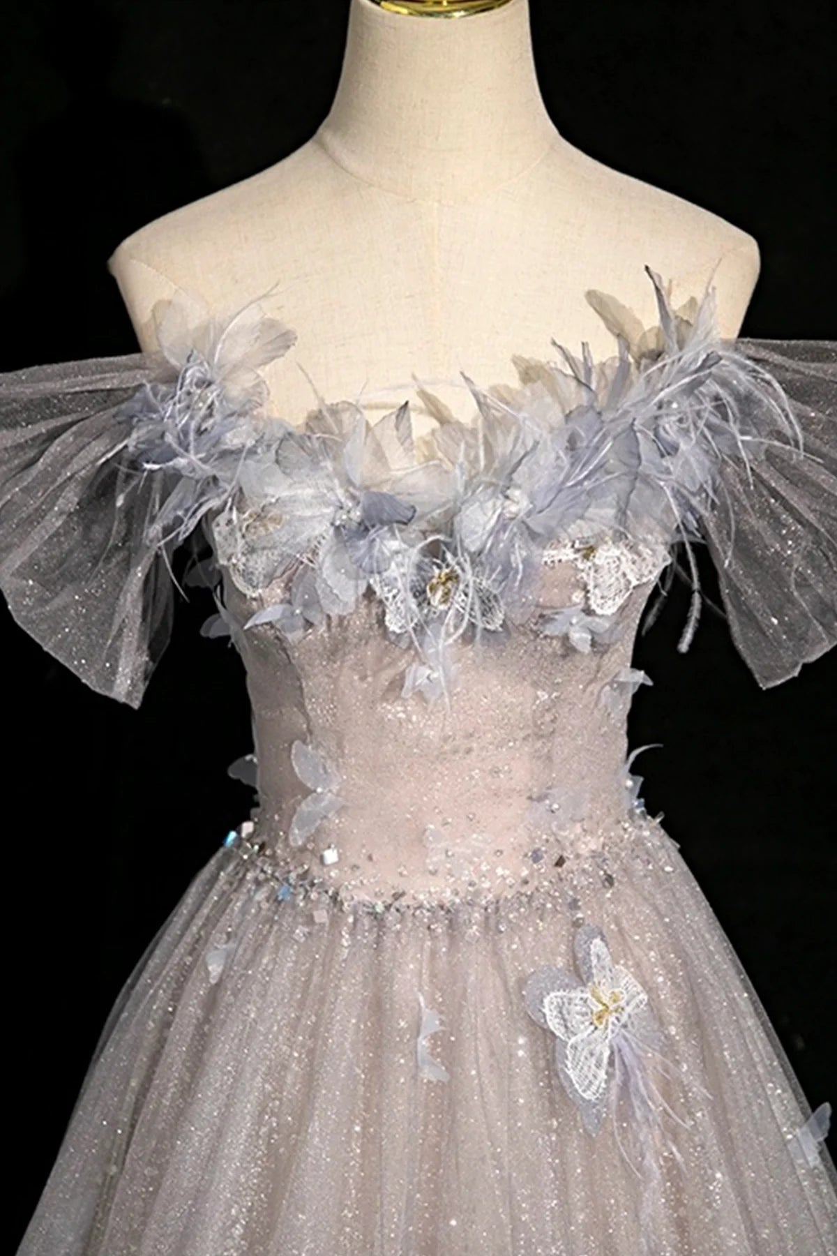 Gray Tulle Sequins Lace-up Long Prom Dress Gray Off the Shoulder Party Dress