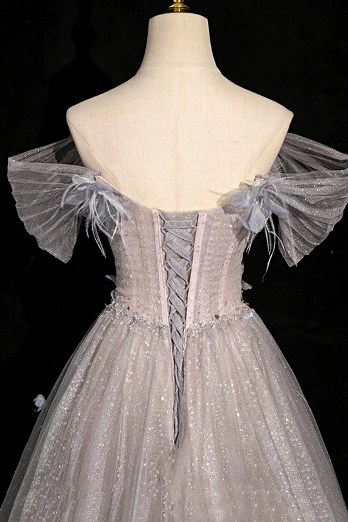 Gray Tulle Sequins Lace-up Long Prom Dress Gray Off the Shoulder Party Dress