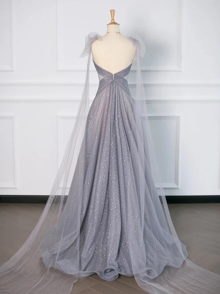 Gray Tulle V-Neck A-Line Backless Elegant Prom Dress Party Dress Cocktail Dress Homecoming Dress Evening Dress