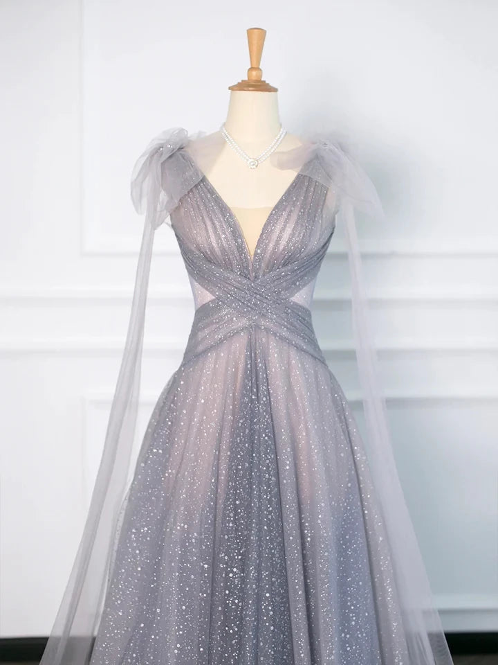 Gray Tulle V-Neck A-Line Backless Elegant Prom Dress Party Dress Cocktail Dress Homecoming Dress Evening Dress