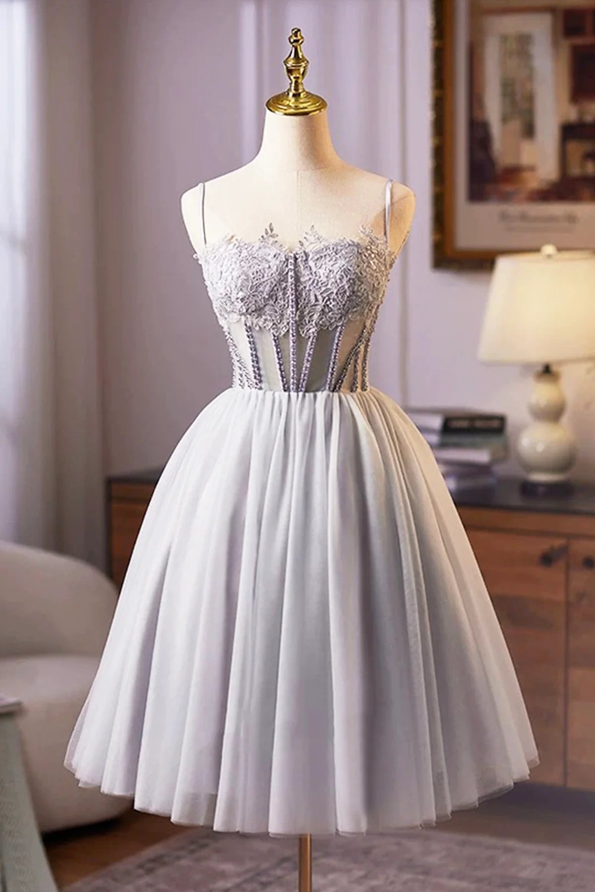Gray Tulle Lace Short Prom Dress Lace-up A-Line Evening Party Dress