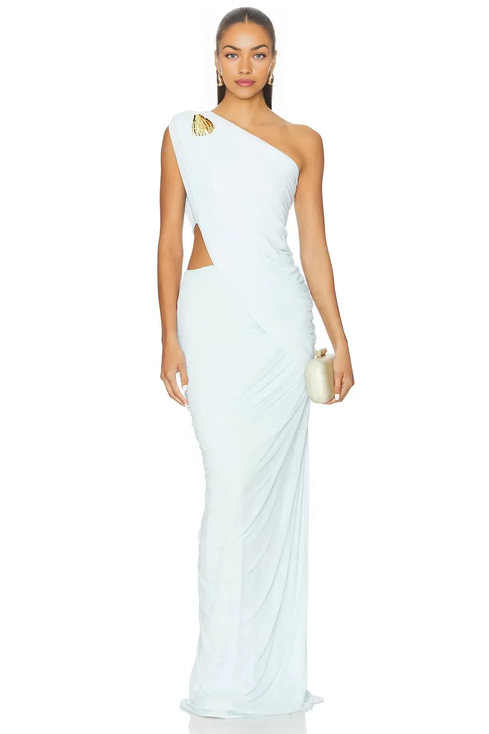 Grecian Sheath One Shoulder Sleeveless Cutout Back Floor Length Evening Dress