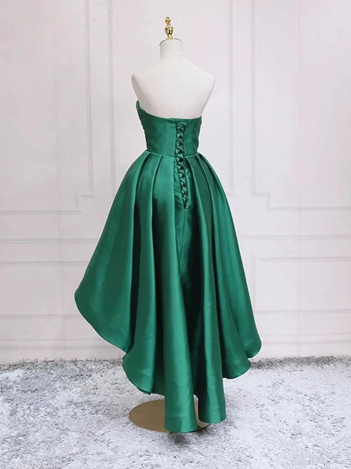 Green A-Line Satin High Low Sleeveless Off-the-shoulder Strapless Party Dress Cocktail Dress Homecoming Dress Evening Dress