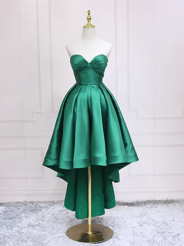 Green A-Line Satin High Low Sleeveless Off-the-shoulder Strapless Party Dress Cocktail Dress Homecoming Dress Evening Dress