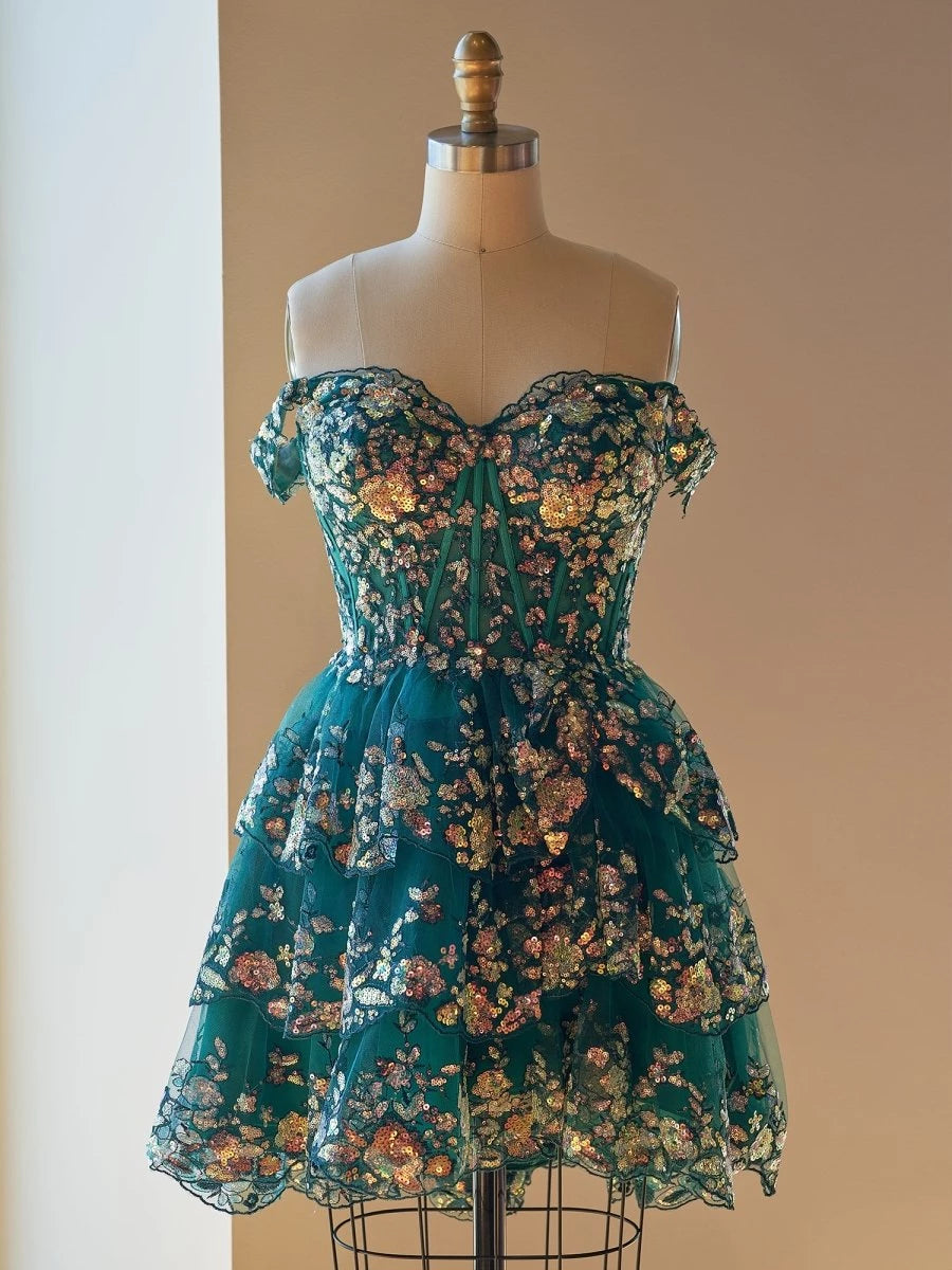 Green A-Line Sweetheart Tiered Short Length Off-the-Shoulder Sweetheart Neckline Sleeveless Lace-up Back Ruffles Sequins