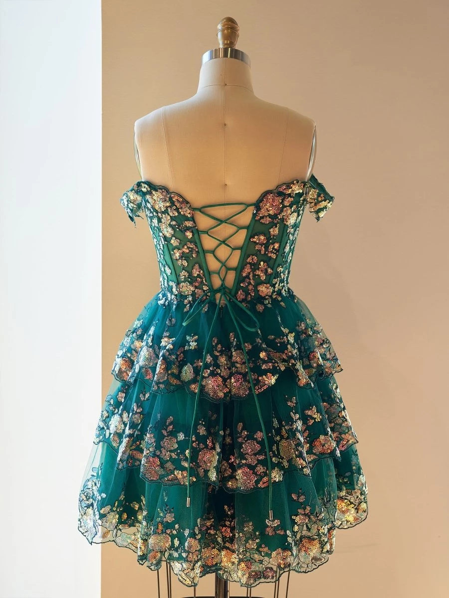 Green A-Line Sweetheart Tiered Short Length Off-the-Shoulder Sweetheart Neckline Sleeveless Lace-up Back Ruffles Sequins
