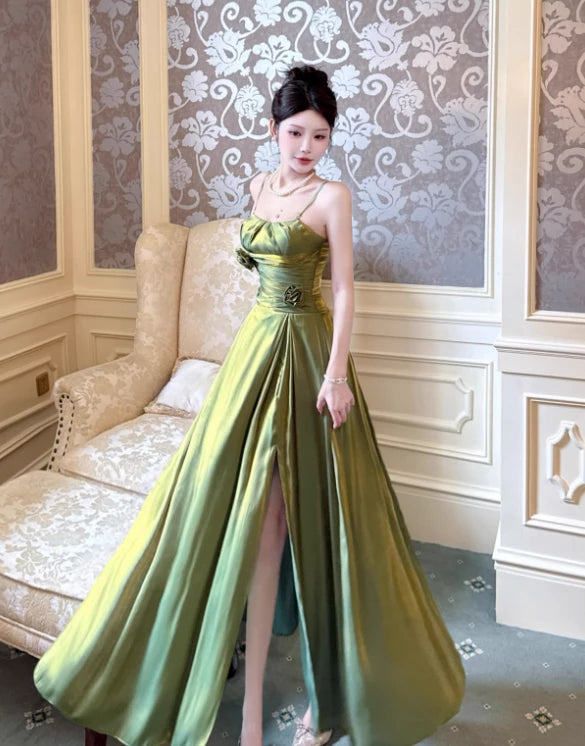 Green A Line Straps Floral Satin Sleeveless Off-the-shoulder Floor length Wedding Dress Prom Dress Cocktail Dress Homecoming Dress Evening Dress Party Dress