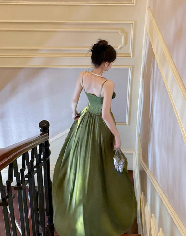 Green A Line Straps Floral Satin Sleeveless Off-the-shoulder Floor length Wedding Dress Prom Dress Cocktail Dress Homecoming Dress Evening Dress Party Dress