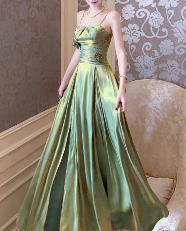 Green A Line Straps Floral Satin Sleeveless Off-the-shoulder Floor length Wedding Dress Prom Dress Cocktail Dress Homecoming Dress Evening Dress Party Dress