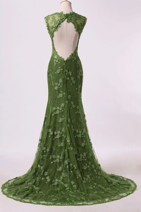 Green Backless Appliques Beading Sleeveless Floor length Party Dress Cocktail Dress Homecoming Dress Evening Dress