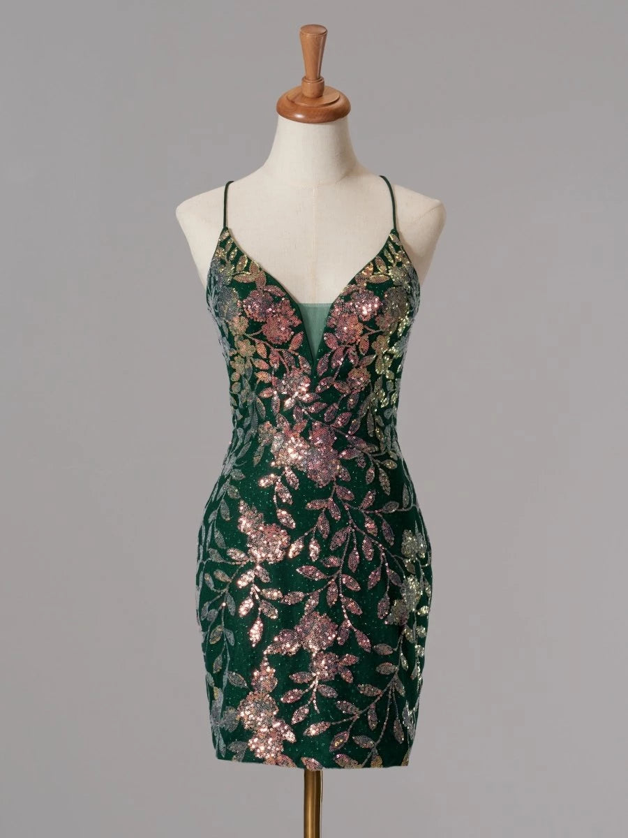 Green Bodycon V-Neckline Sleeveless Lace-Up Back Sequined Short Length Party Dresses Homecoming Dress Prom Dress