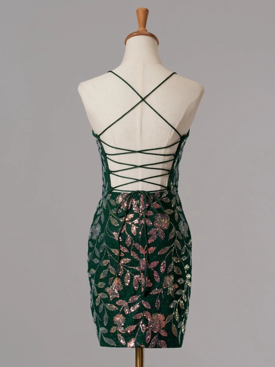 Green Bodycon V-Neckline Sleeveless Lace-Up Back Sequined Short Length Party Dresses Homecoming Dress Prom Dress