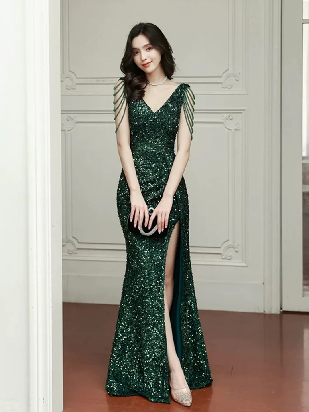Green Floor Length Sequins Prom Dress V-Neck Evening Party Dress