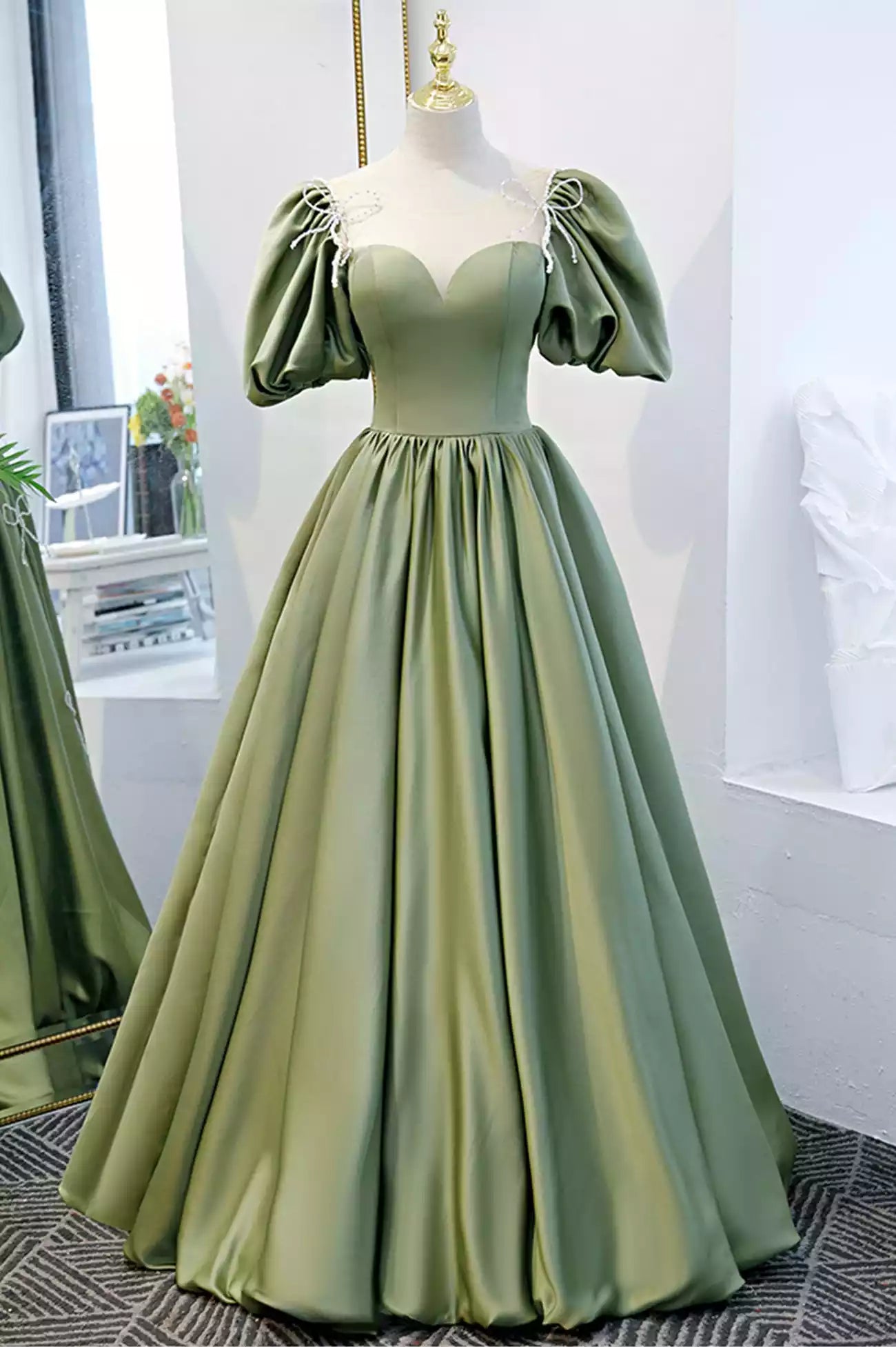 Green Junior Green Satin A-Line Long Formal Dress Prom Dress