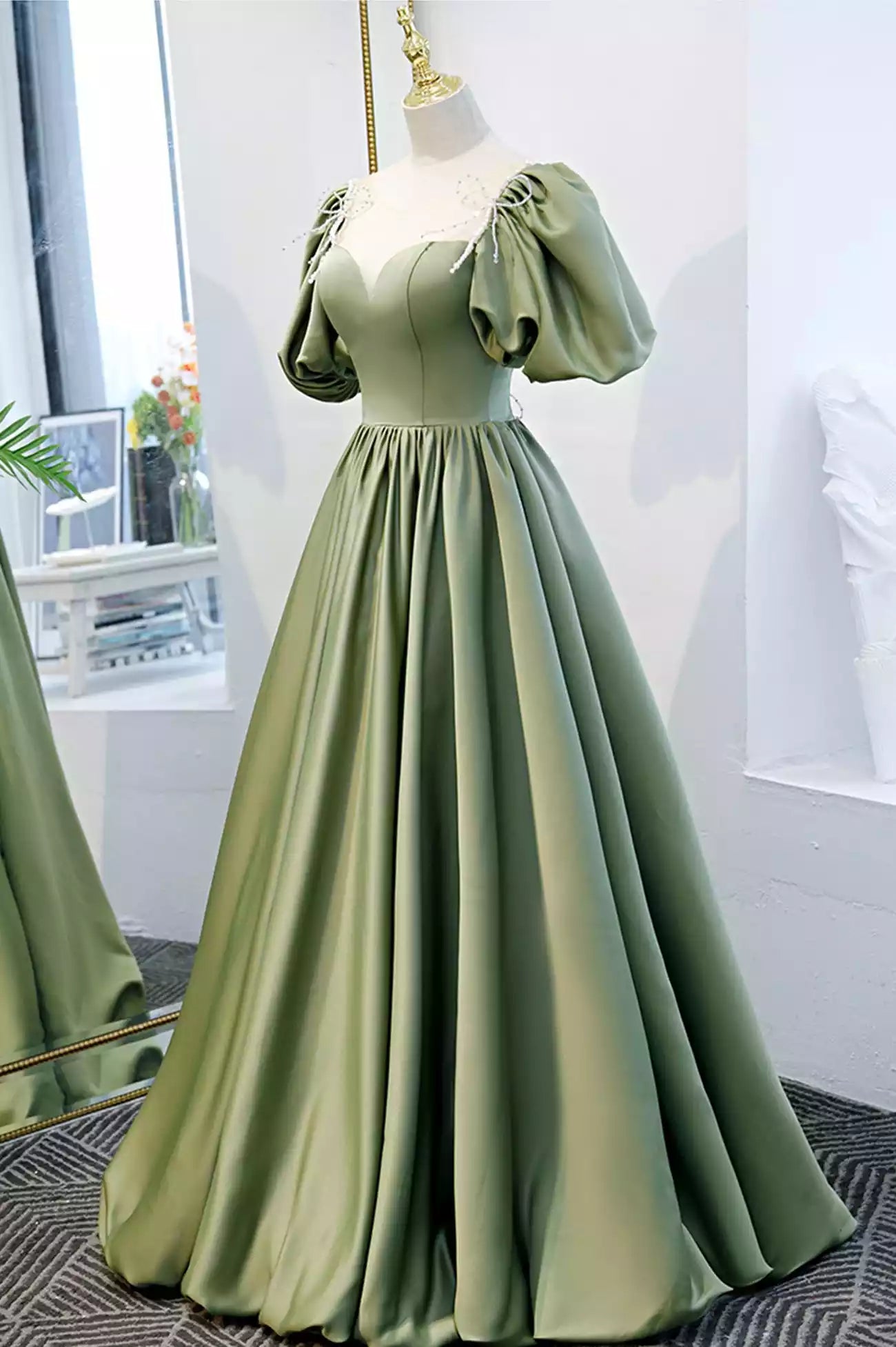 Green Junior Green Satin A-Line Long Formal Dress Prom Dress