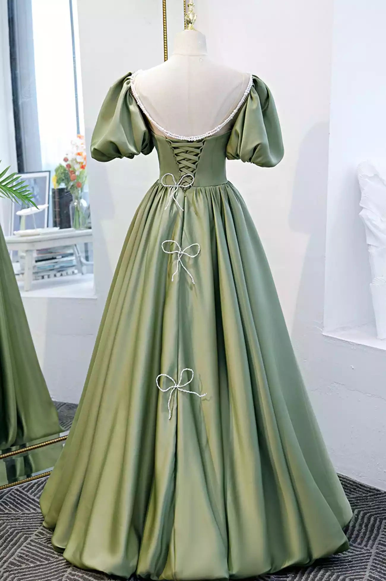 Green Junior Green Satin A-Line Long Formal Dress Prom Dress