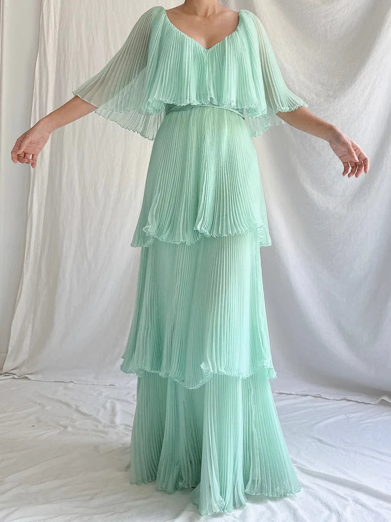 Green Layered Chiffon A Line V Neck Simple Short Sleeves Long Floor length Prom Dress Cocktail Dress Homecoming Dress Evening Dress