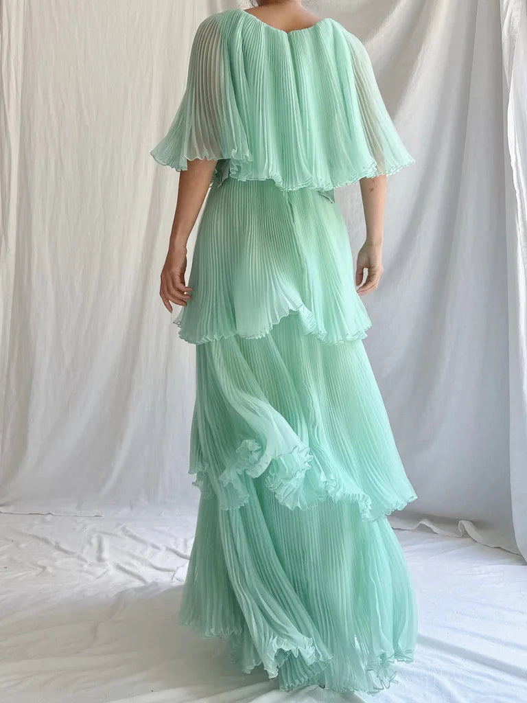 Green Layered Chiffon A Line V Neck Simple Short Sleeves Long Floor length Prom Dress Cocktail Dress Homecoming Dress Evening Dress