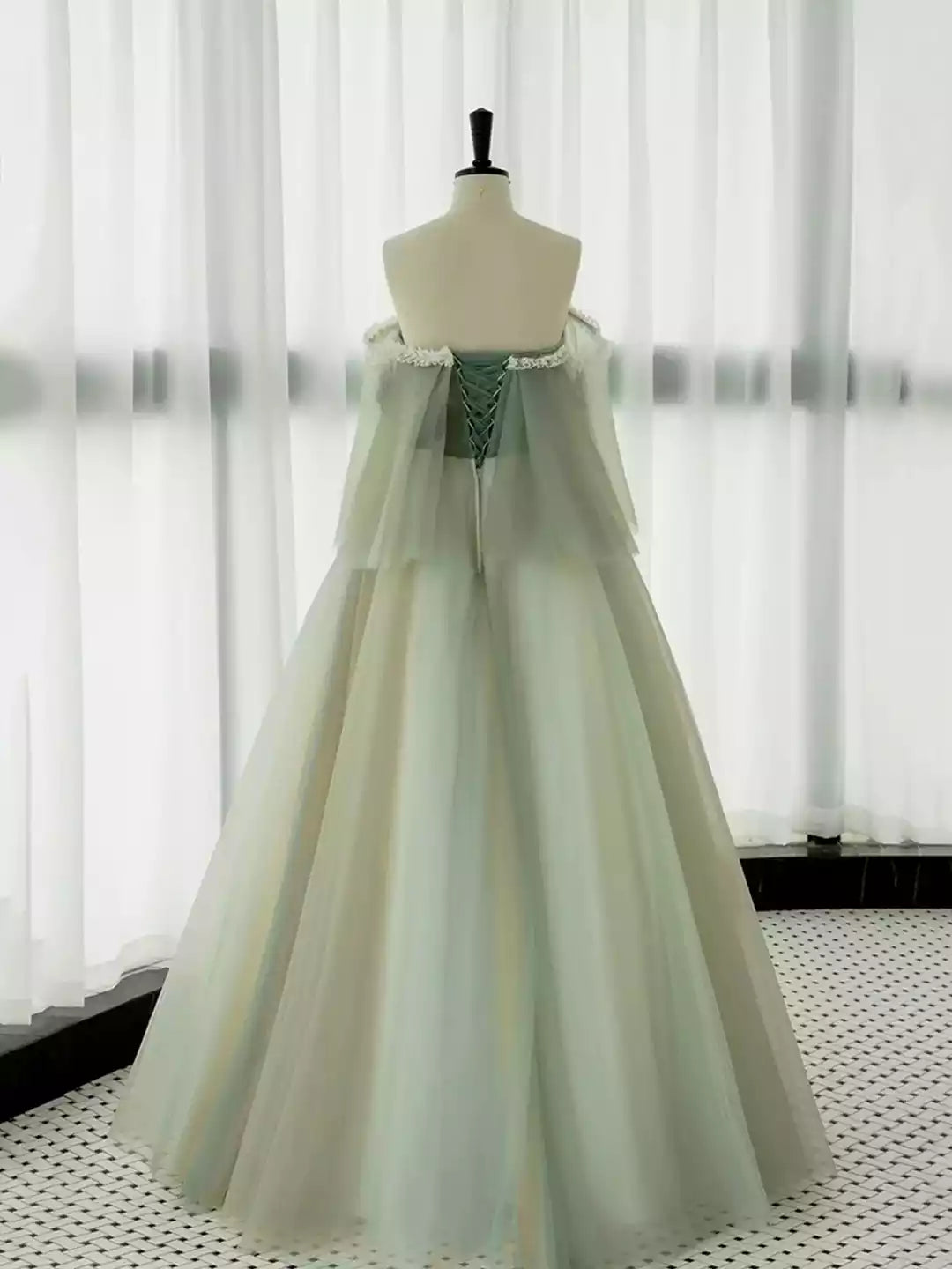 Green Off Shoulder Green Tulle Lace Long Prom Dress Evening Party Dress