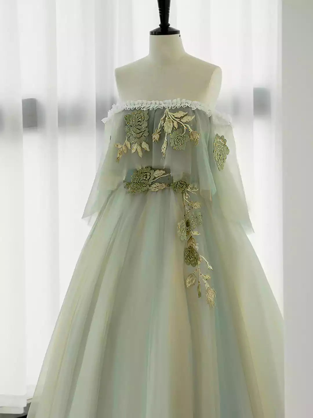 Green Off Shoulder Green Tulle Lace Long Prom Dress Evening Party Dress