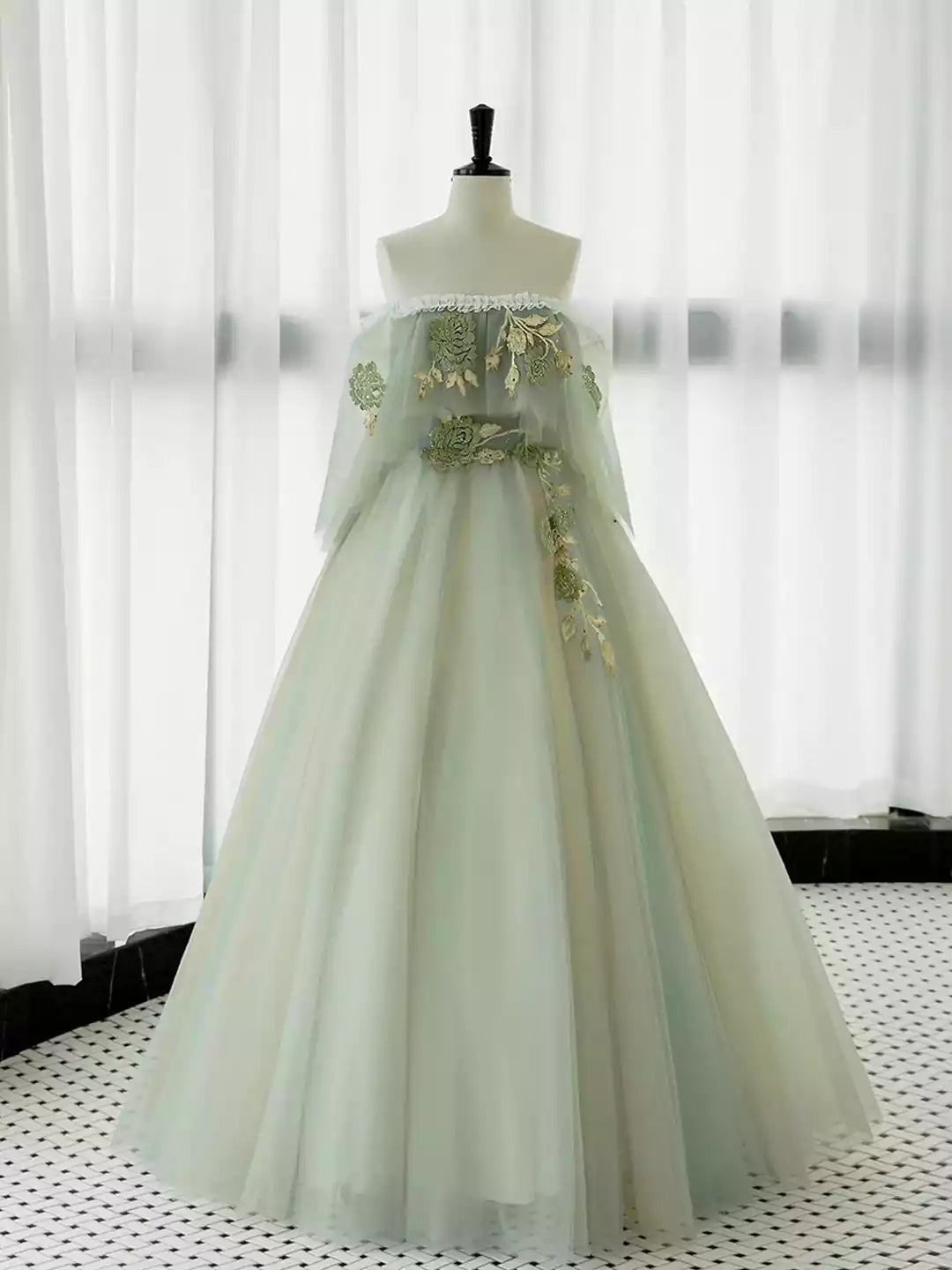 Green Off Shoulder Green Tulle Lace Long Prom Dress Evening Party Dress