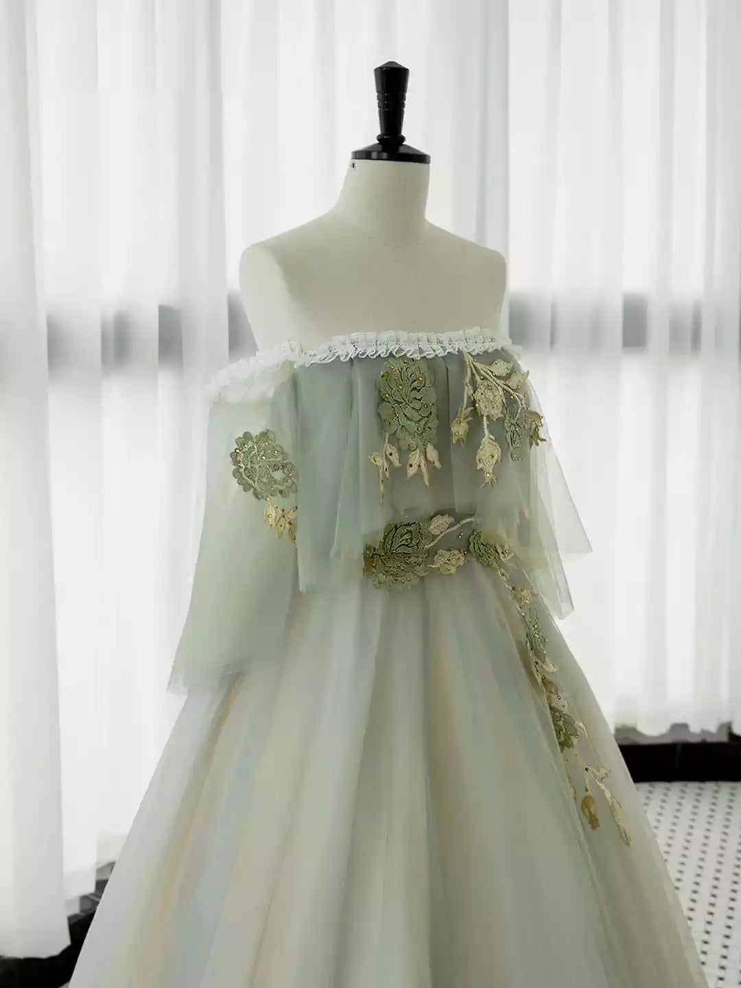 Green Off Shoulder Green Tulle Lace Long Prom Dress Evening Party Dress