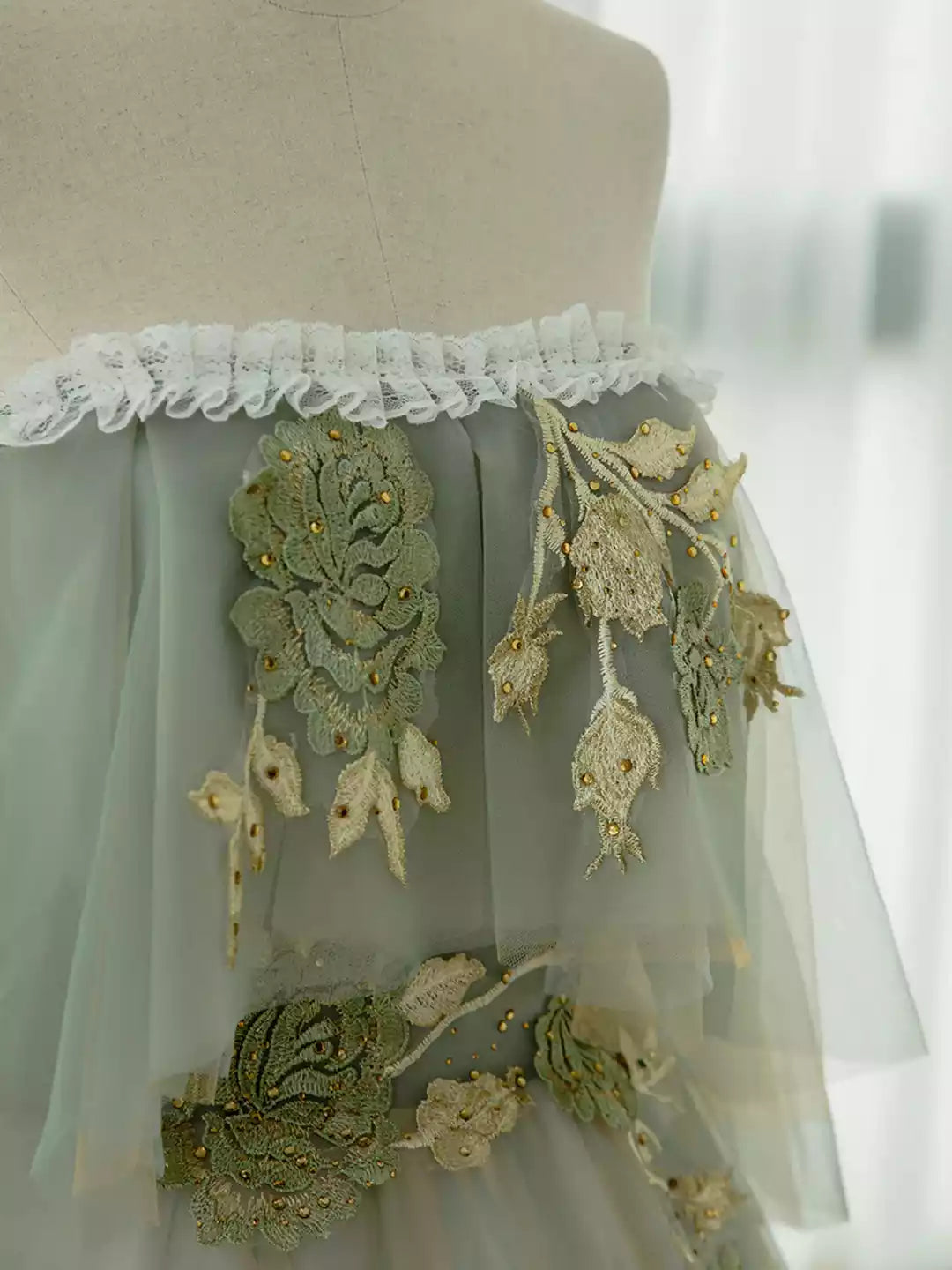 Green Off Shoulder Green Tulle Lace Long Prom Dress Evening Party Dress