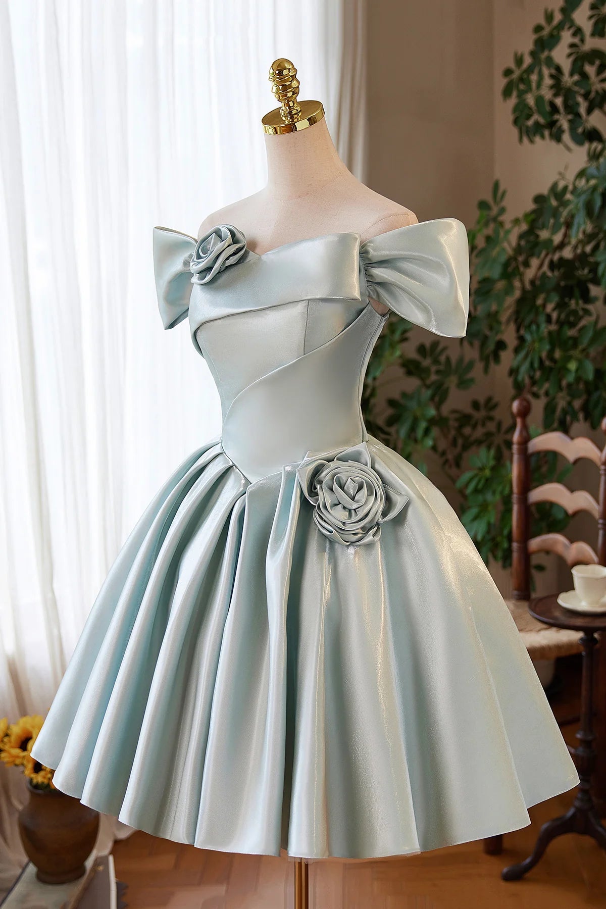 Green Satin Short A-Line Knee length Prom Dress Lovely Off the Shoulder Party Homecoming Dress