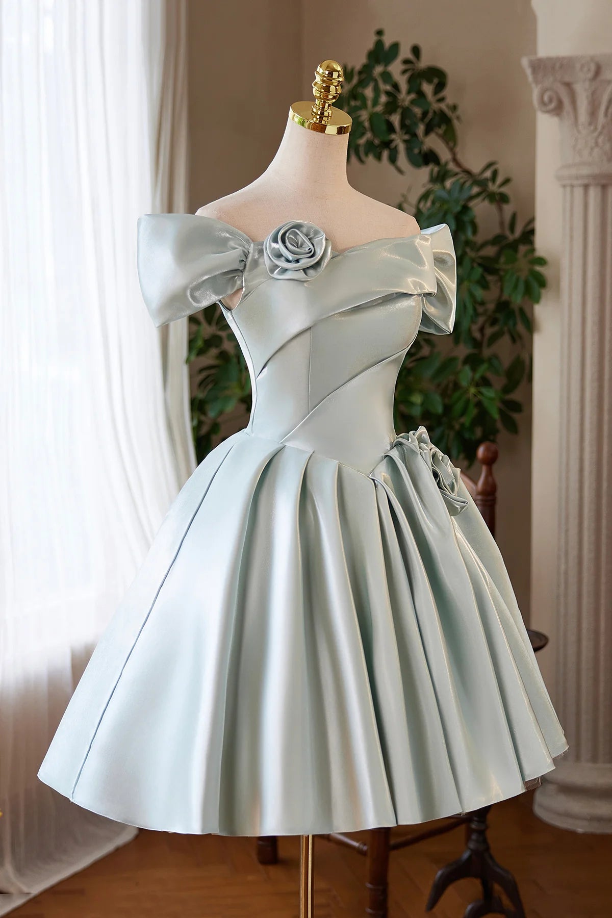 Green Satin Short A-Line Knee length Prom Dress Lovely Off the Shoulder Party Homecoming Dress