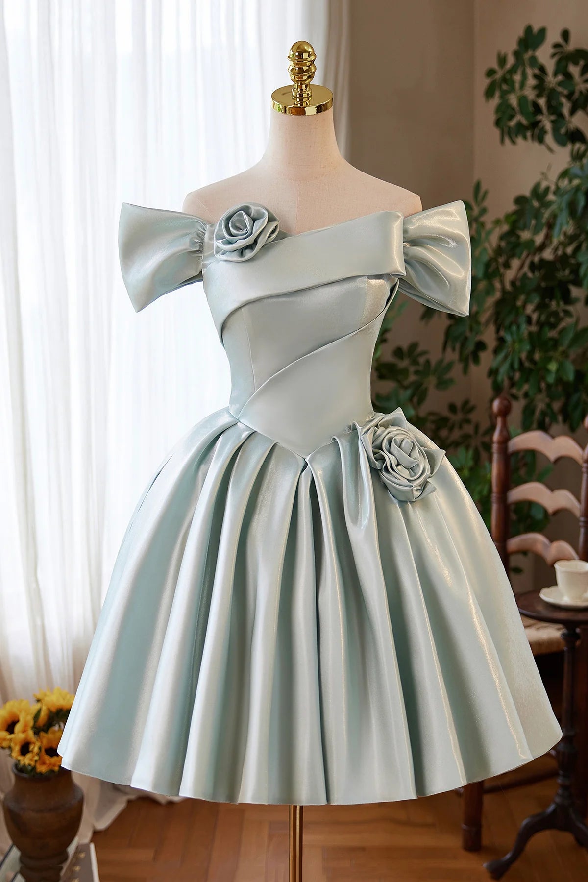Green Satin Short A-Line Knee length Prom Dress Lovely Off the Shoulder Party Homecoming Dress