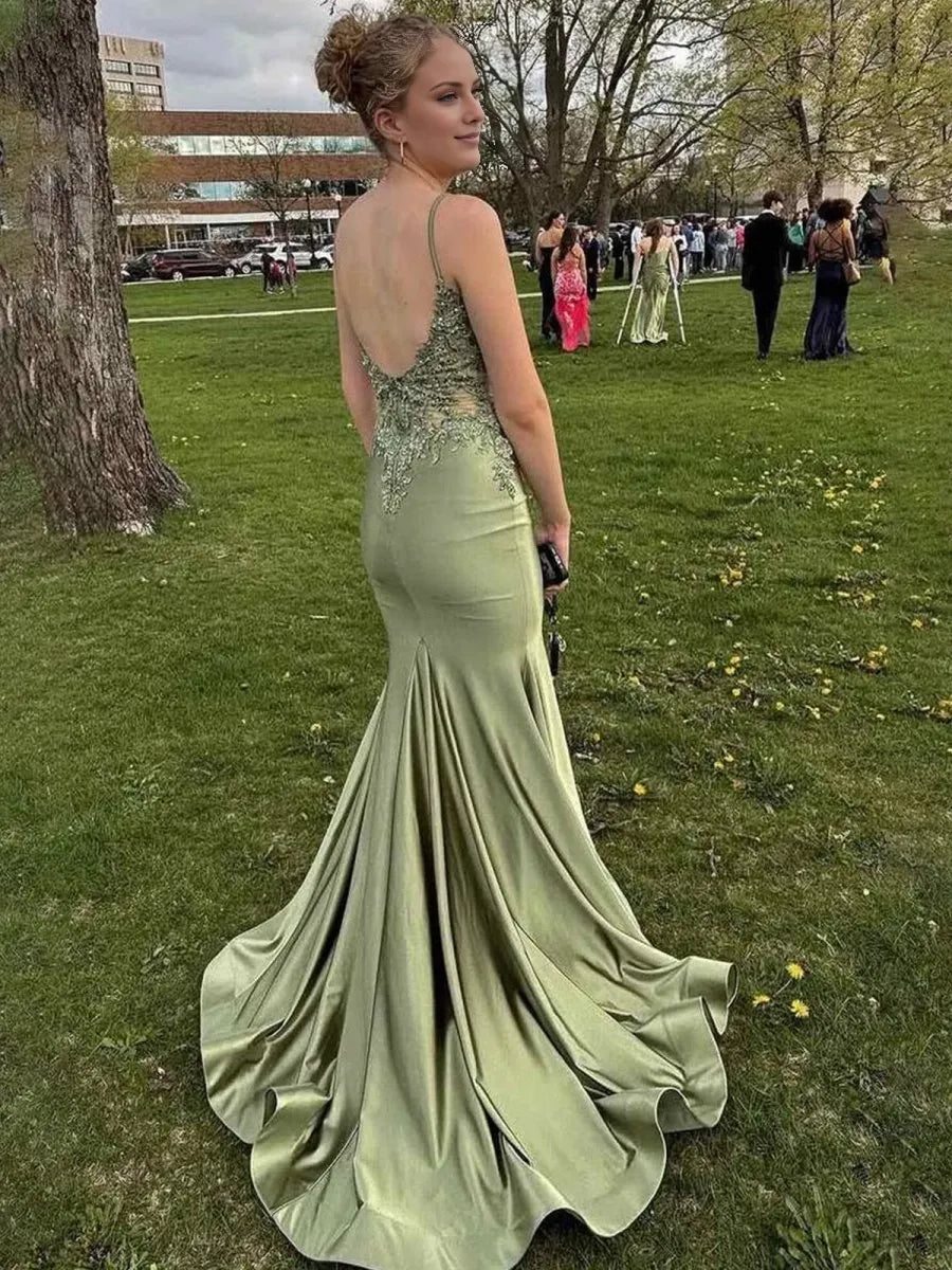 Green Simple Spaghetti Straps Backless Appliques Mermaid Floor Length Party Dresses Homecoming Dress Prom Dress