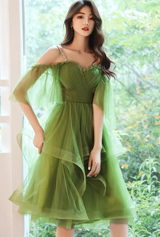Green Sweetheart Neck Green Tulle Puffy Green Sleeveless Evening Dress Party Dresses Prom Dress