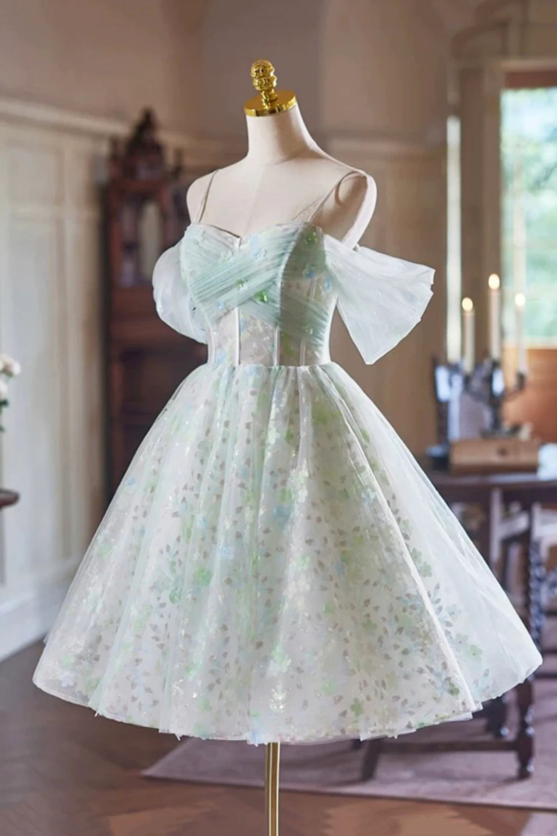 Green Tulle A-Line Party Dress Lovely Off the Shoulder Evening Dress Homecoming Dresses