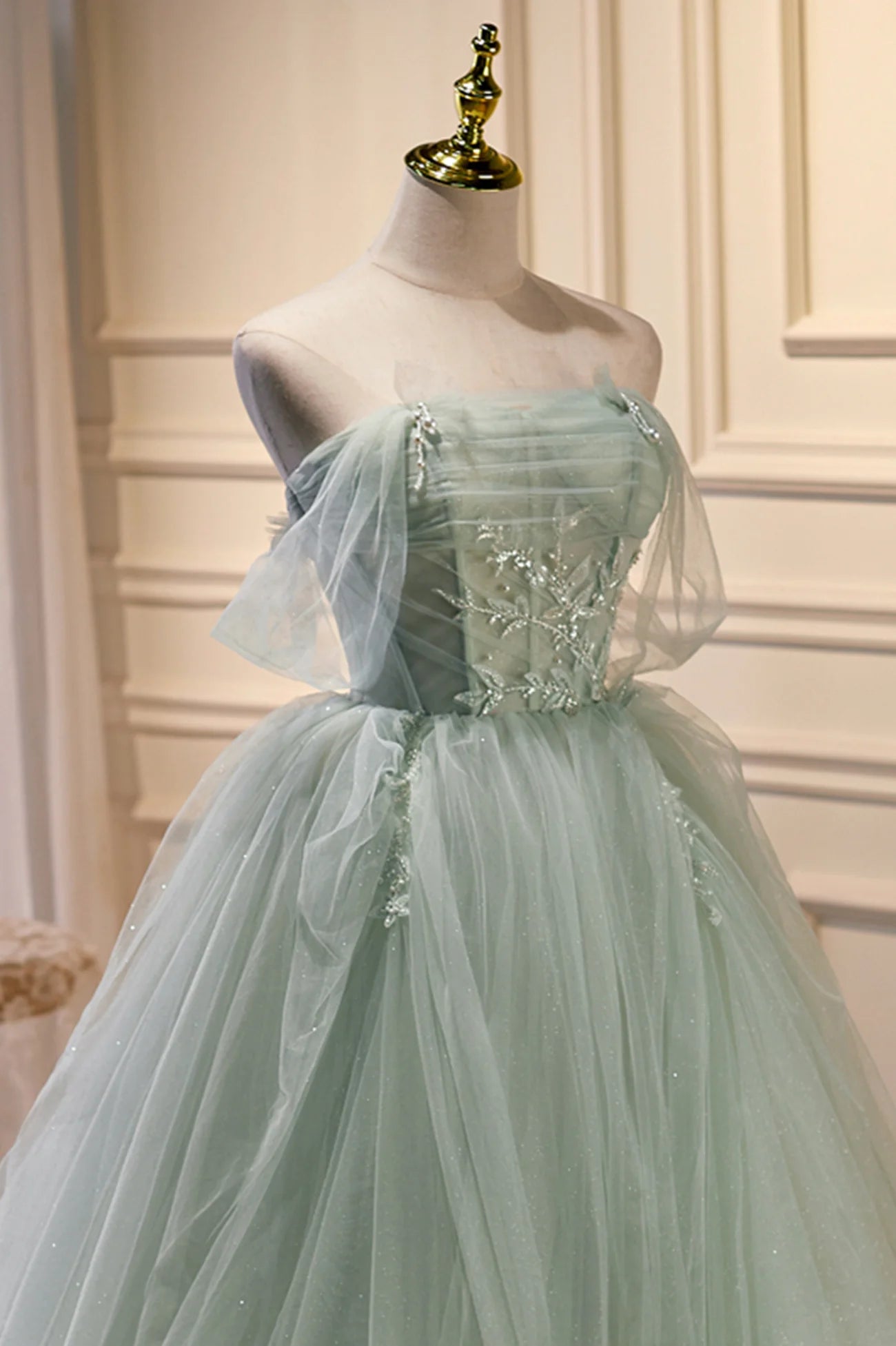 Green Tulle Beaded Ball Gown Off Shoulder  Green Sweet 16 Dress Party Dress