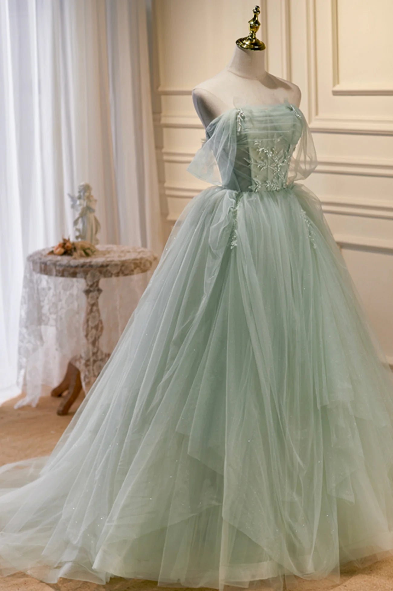 Green Tulle Beaded Ball Gown Off Shoulder  Green Sweet 16 Dress Party Dress