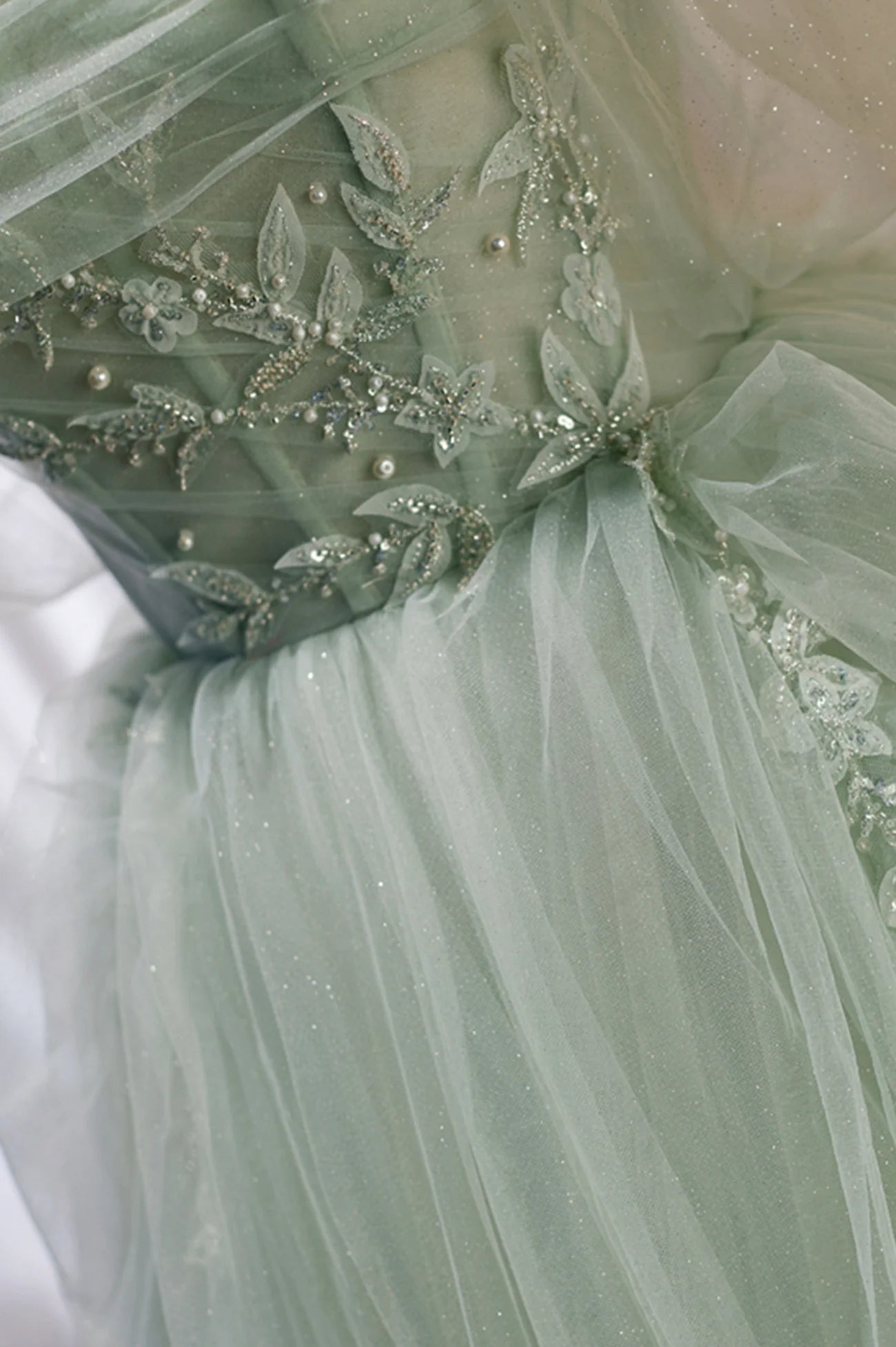 Green Tulle Beaded Ball Gown Off Shoulder  Green Sweet 16 Dress Party Dress