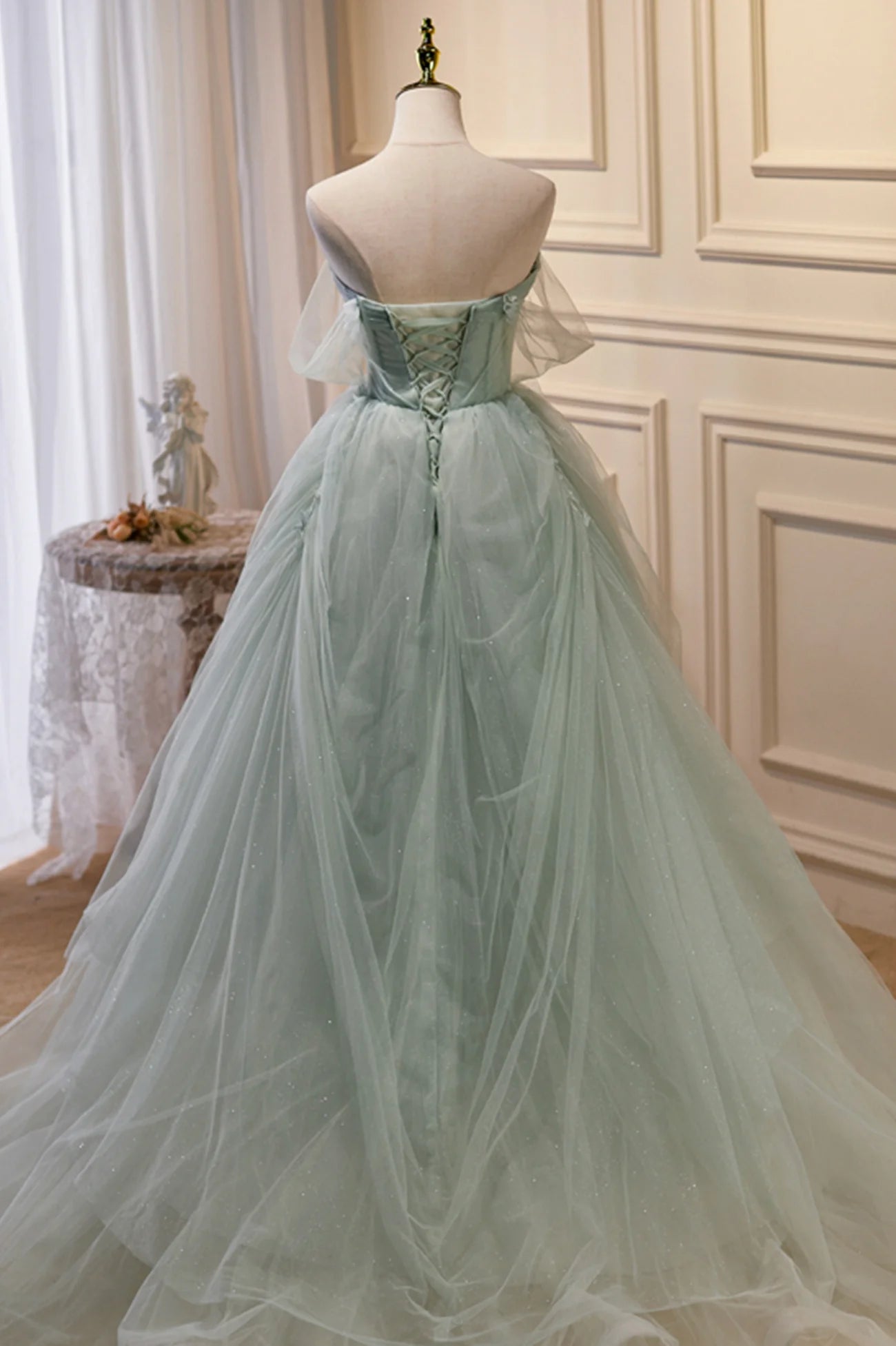 Green Tulle Beaded Ball Gown Off Shoulder  Green Sweet 16 Dress Party Dress