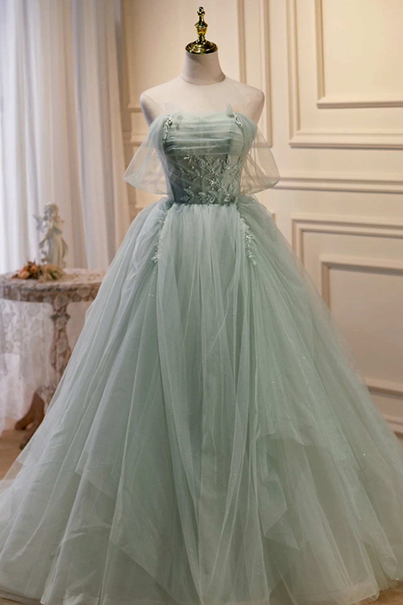 Green Tulle Beaded Ball Gown Off Shoulder  Green Sweet 16 Dress Party Dress