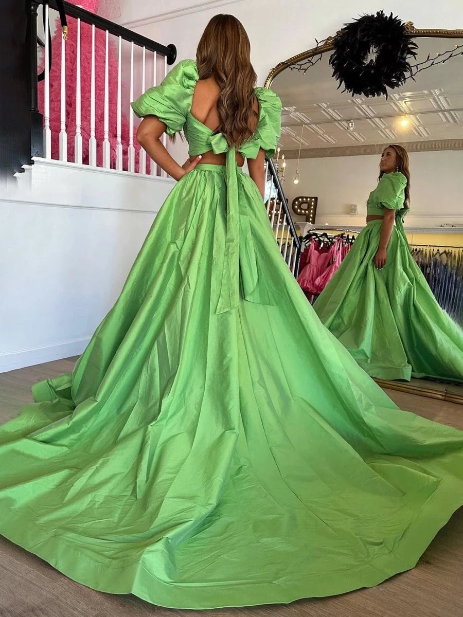Green Two-Piece Puff Sleeves Satin Long With Split Floor-length Short Sleeves Square Neck Evening Dresses Evening Dresses Prom Dress