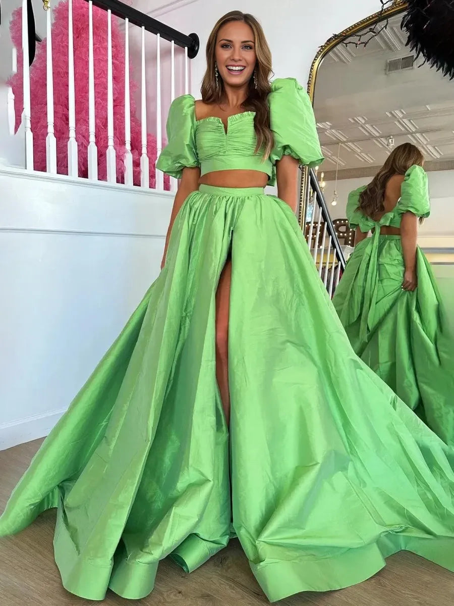 Green Two-Piece Puff Sleeves Satin Long With Split Floor-length Short Sleeves Square Neck Evening Dresses Evening Dresses Prom Dress