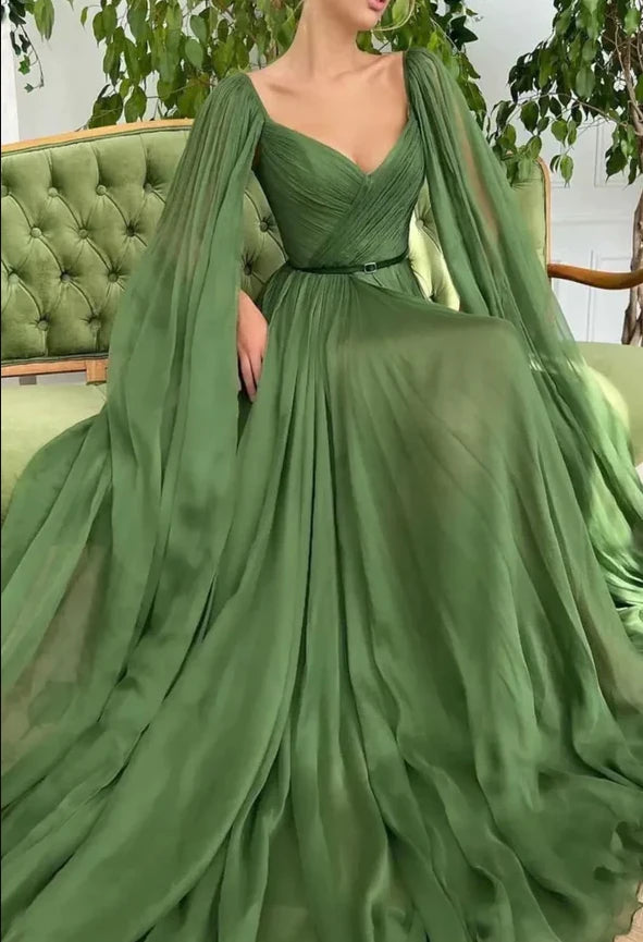 Green V-neck Chiffon Long A-line Lace Up Floor Length Evening Dress Party Dresses Prom Dress