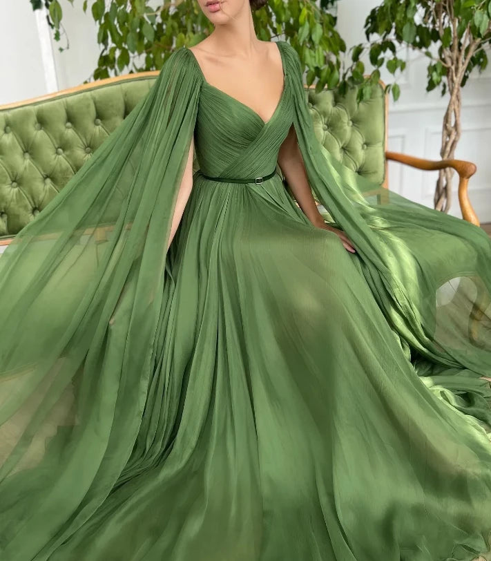 Green V-neck Chiffon Long A-line Lace Up Floor Length Evening Dress Party Dresses Prom Dress