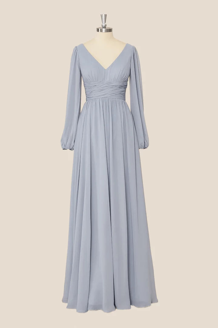 Grey Long Sleeves Chiffon V-neck A-Line Floor length Prom Dress Party Dress Cocktail Dress Homecoming Dress Evening Dress