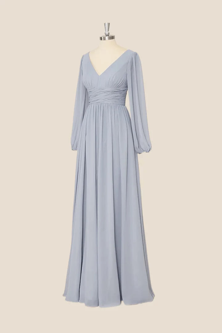Grey Long Sleeves Chiffon V-neck A-Line Floor length Prom Dress Party Dress Cocktail Dress Homecoming Dress Evening Dress