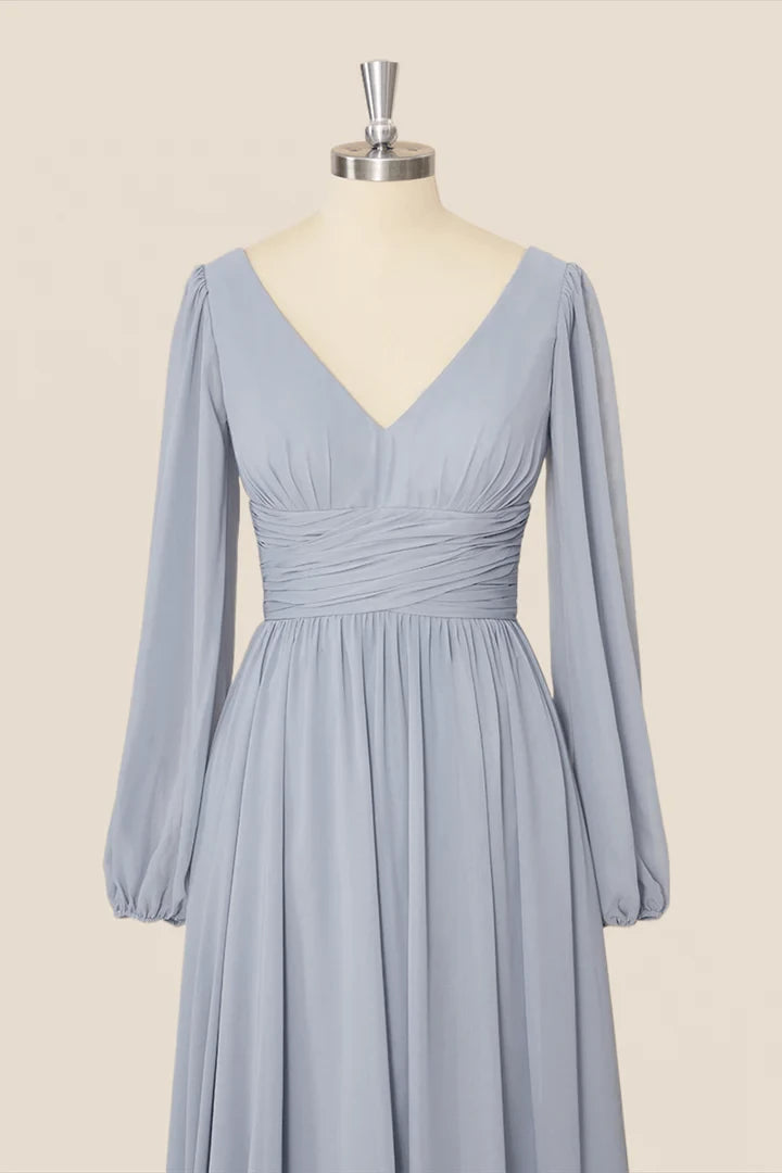 Grey Long Sleeves Chiffon V-neck A-Line Floor length Prom Dress Party Dress Cocktail Dress Homecoming Dress Evening Dress
